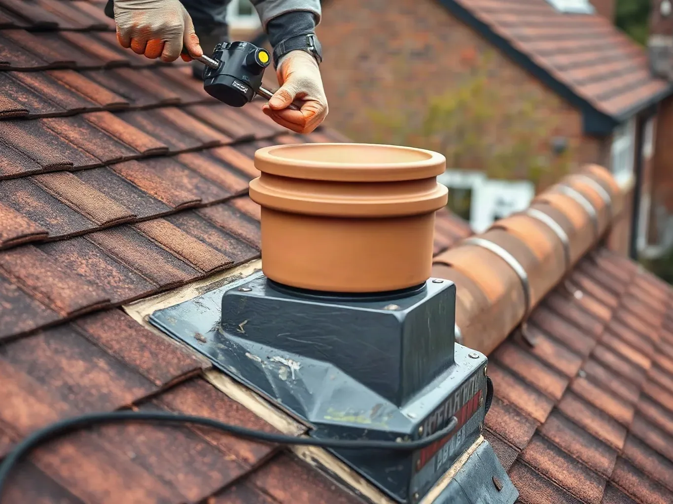 A person uses a handheld tool to work on a terracotta chimney pot fitted to a metal flashing base set into a tiled residential roof
