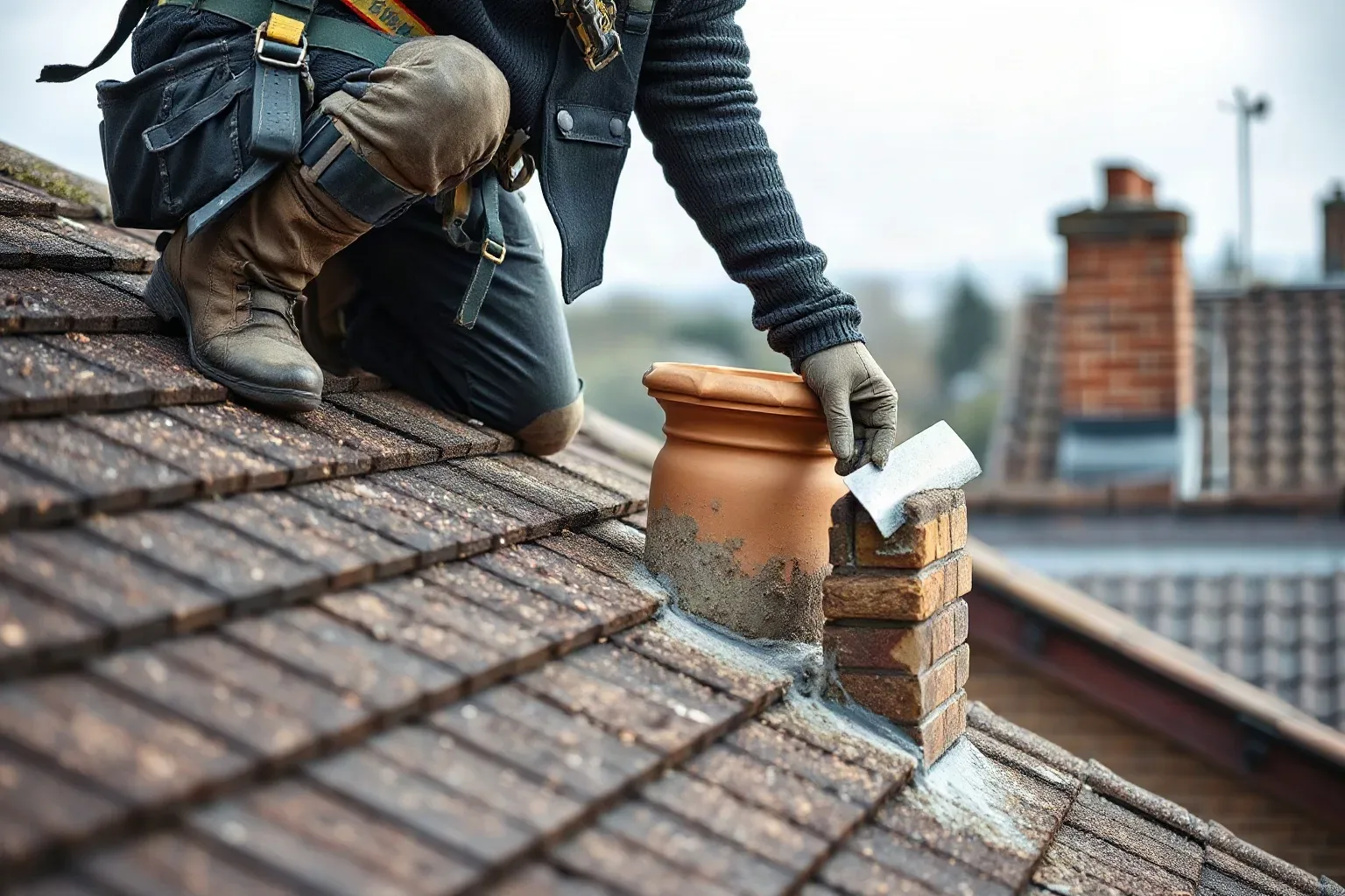 A person in work gloves and a safety harness kneels on a pitched tiled roof, applying mortar around the base of a clay chimney pot using a trowel