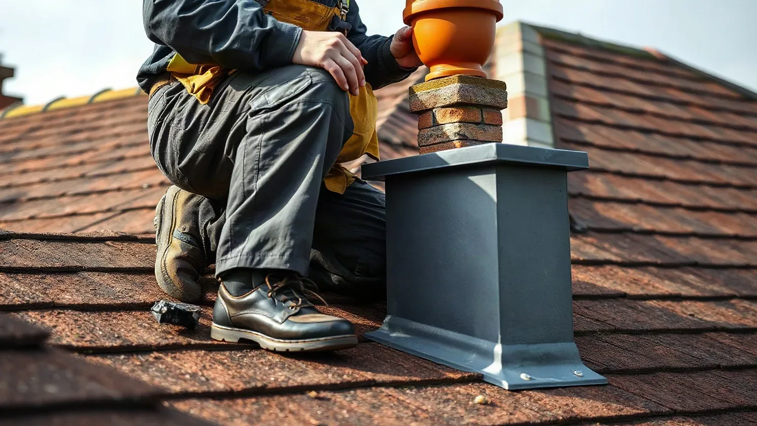 A worker in work gear and a safety harness crouches on a pitched tiled roof, handling a terracotta chimney pot atop a brick chimney stack with grey metal flashing