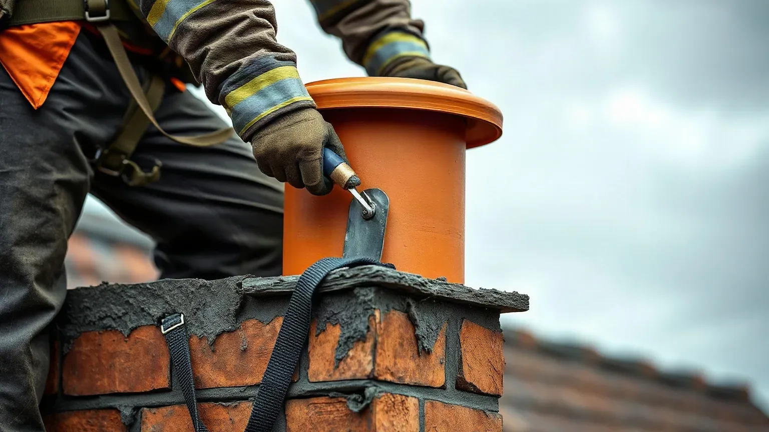 A worker in high-visibility workwear and gloves installs an orange chimney pot onto a brick chimney stack using a hand tool