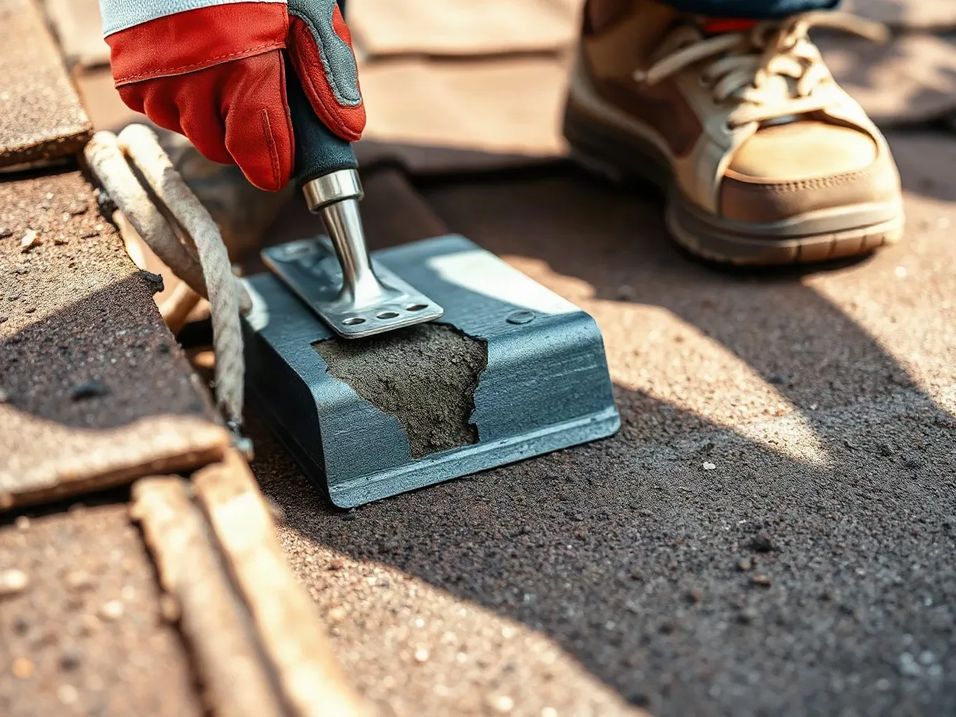 A gloved person uses a tool to work on a metal flashing component set amongst worn roof shingles