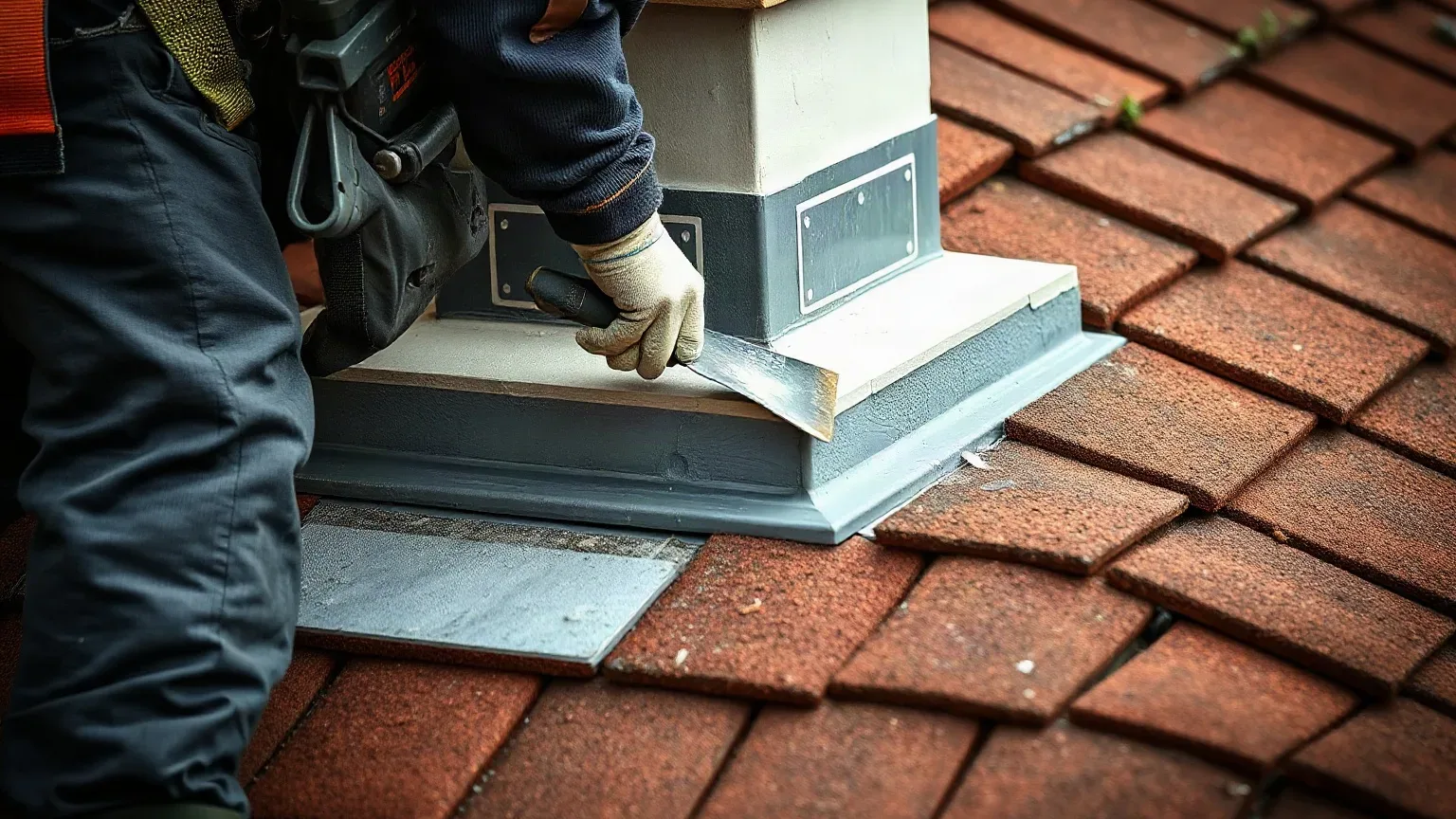 A worker wearing gloves uses a hand tool to work on metal flashing around the base of a chimney stack on a red clay-tiled roof