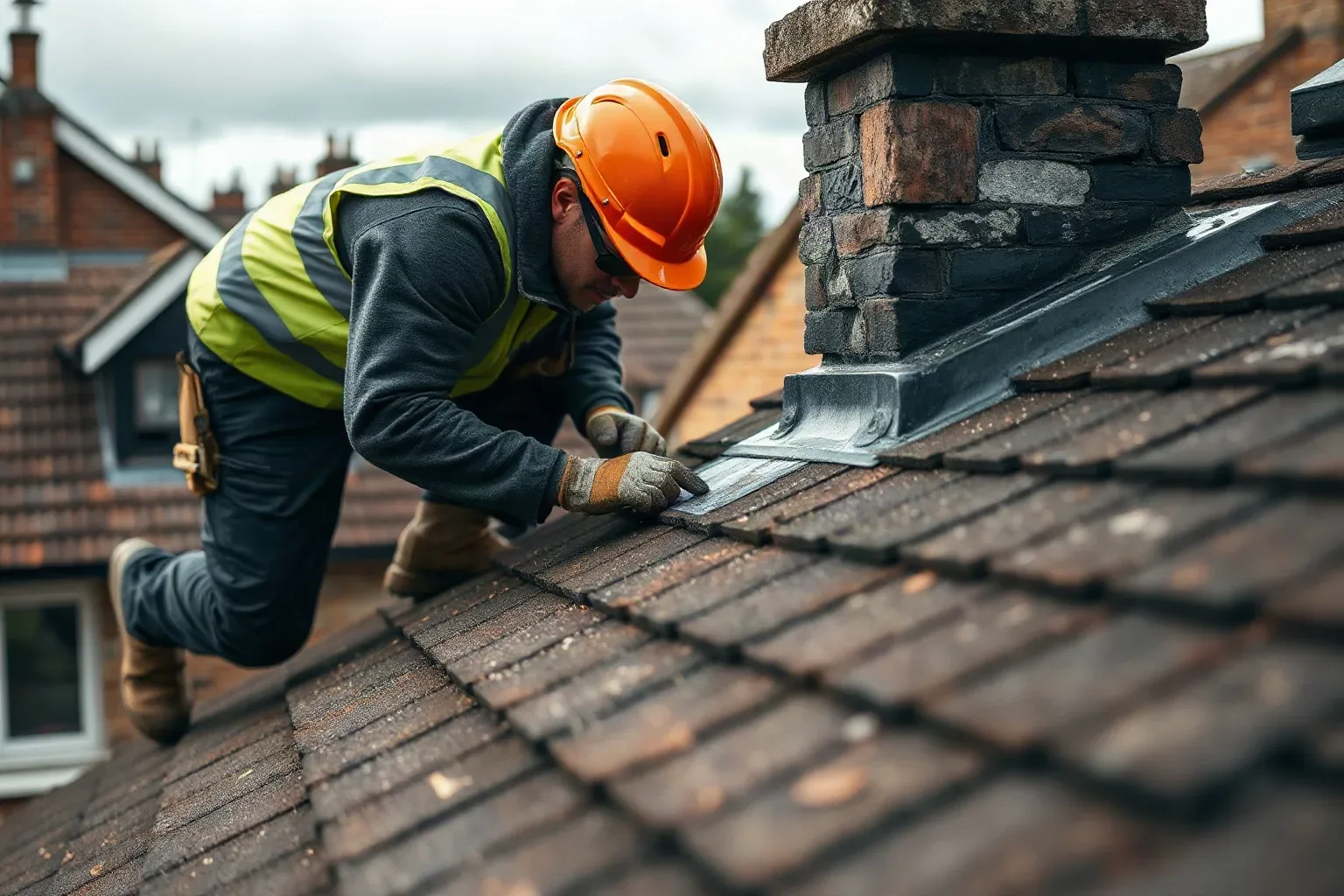 A roofer in full workwear crouching on a pitched residential roof and tapping a gloved knuckle against a patch of chimney stack render to check for the hollow sound that indicates the render has detached from the masonry beneath.
