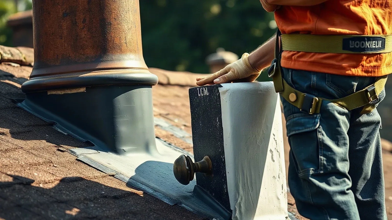 A person wearing a safety harness works on a pitched roof, handling flashing material around a chimney stack