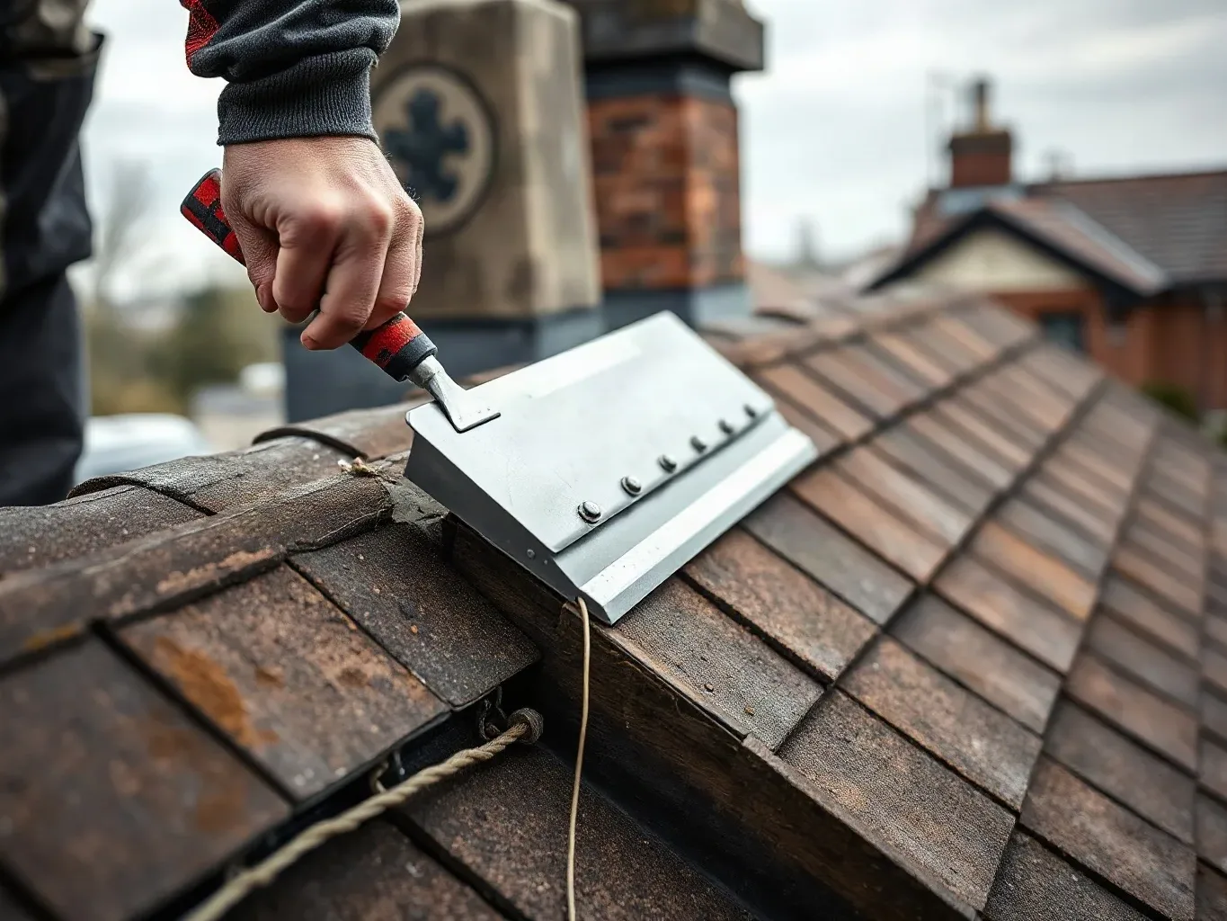 A person uses a hand tool to work on a metal flashing fitting on a weathered tiled roof, with a chimney stack visible behind