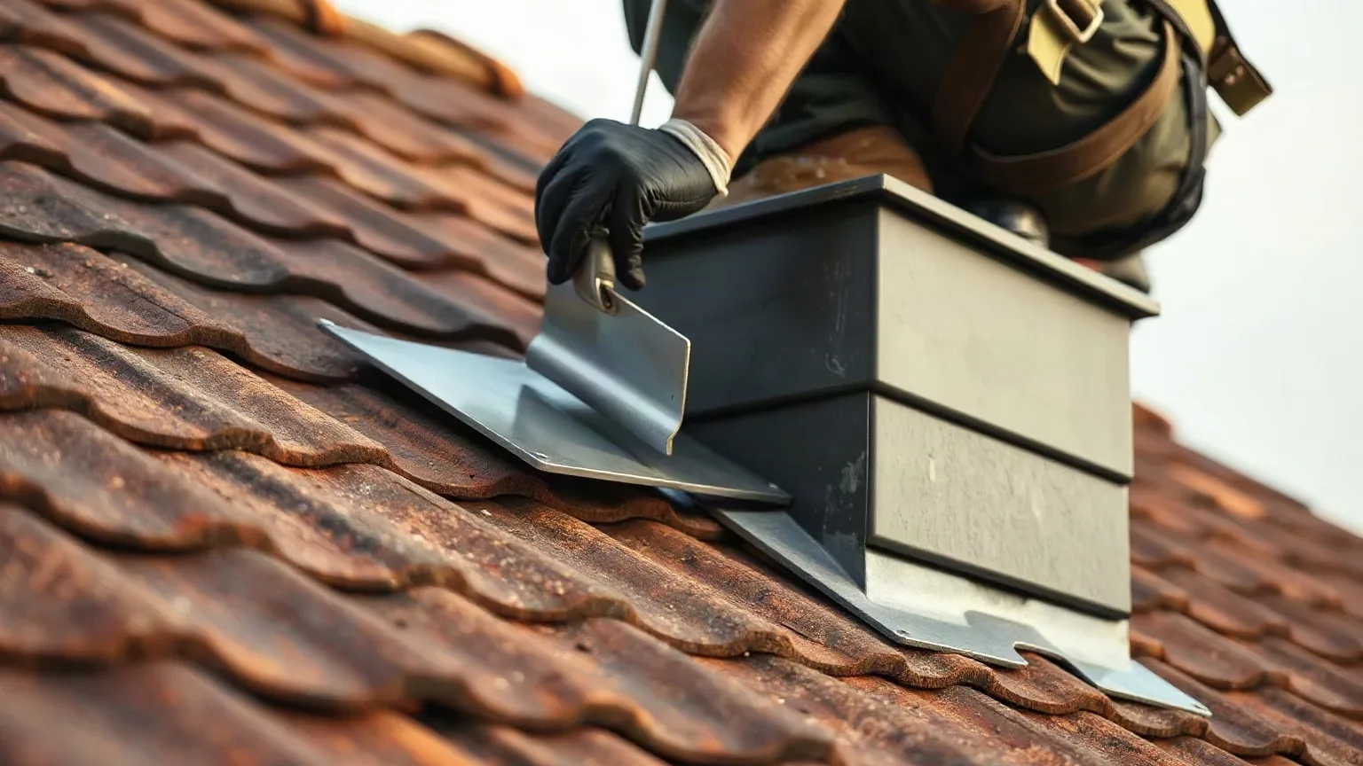 A roofer in a safety harness applying a second render coat to the lower section of a chimney stack on a pitched residential roof, feathering its edge neatly into the surrounding clay tile course with a metal roofing trowel.