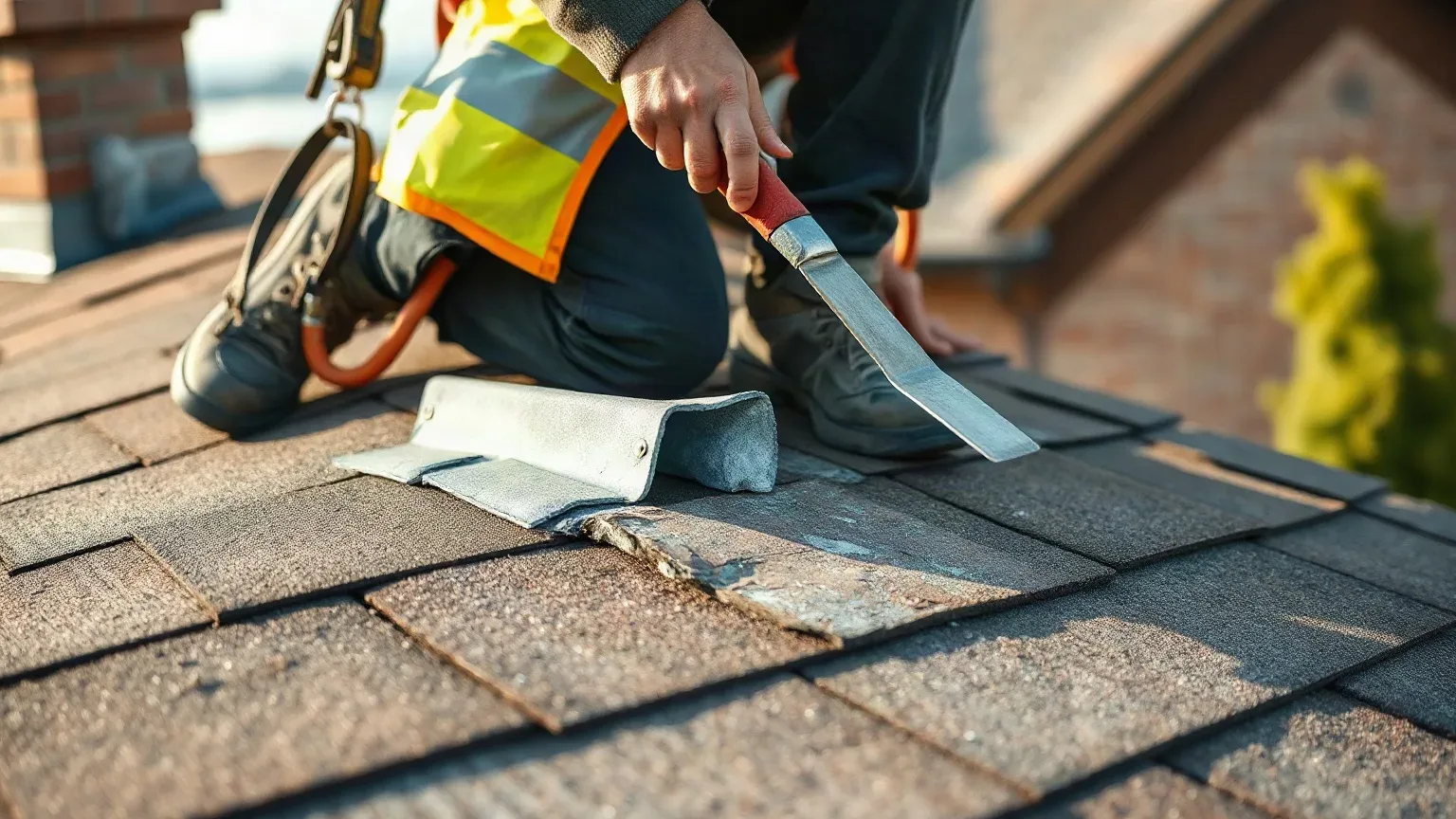 A roofer in a safety harness crouching at the foot of a chimney stack on a pitched residential roof and probing crumbling mortar joints with a metal roofing trowel to assess the extent of freeze-thaw deterioration.