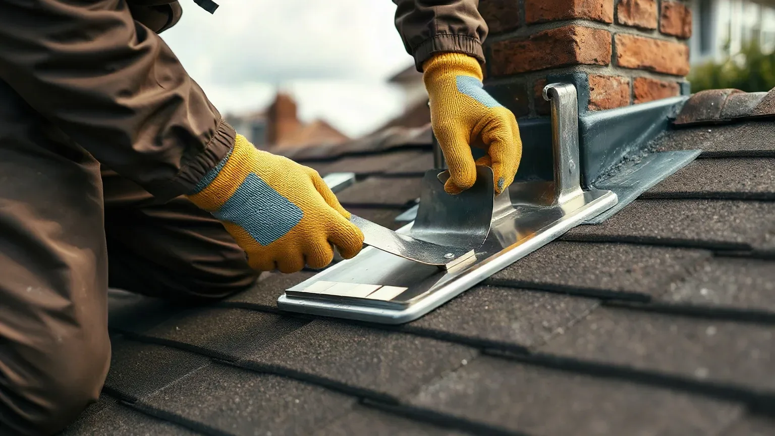 A roofer in full workwear kneeling on a pitched residential roof and carefully pressing a strip of lead flashing into a freshly cut mortar chase around the base of a chimney stack with gloved hands.