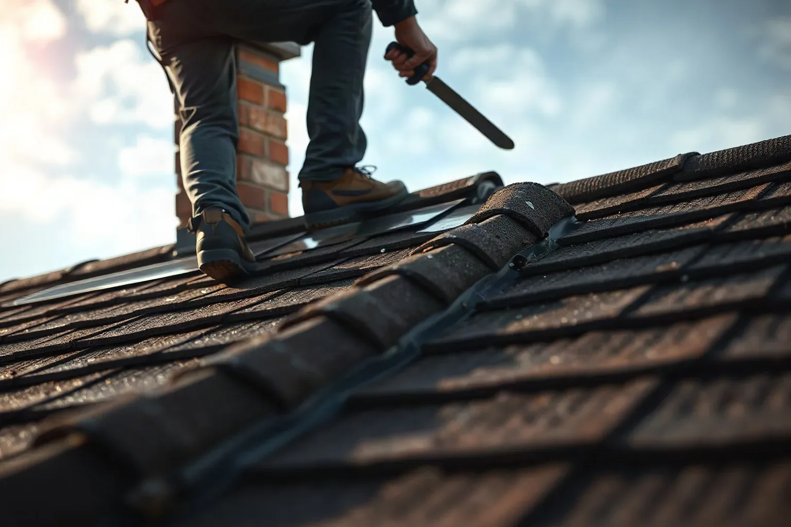 A roofer in a safety harness standing at the apex of a steeply pitched residential roof beside a chimney stack and inspecting the lead flashing along its upper edge from close range, metal roofing trowel in hand.