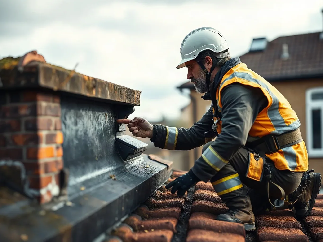 A roofer in full workwear crouching on a pitched residential roof directly beside a chimney stack and pointing to a section of lead flashing that has visibly buckled away from the masonry, harness strap taut across their back.