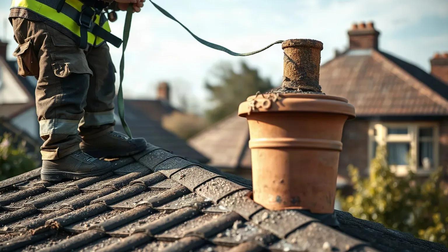 A roofer in a safety harness examining the flaunching mortar at the top of a chimney stack on a pitched residential roof while carefully lifting the base of a clay pot to check the condition of the bed beneath.