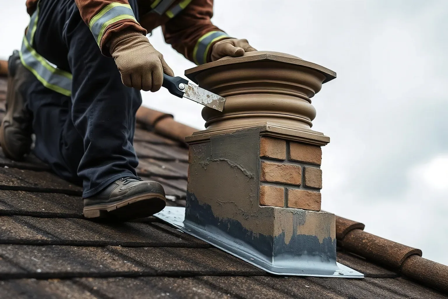 A roofer in full workwear applying fresh mortar with a roofing trowel to the flaunching bed around a chimney pot on a pitched residential roof while the lead flashing at the stack base is visible in the foreground on a damp overcast day.