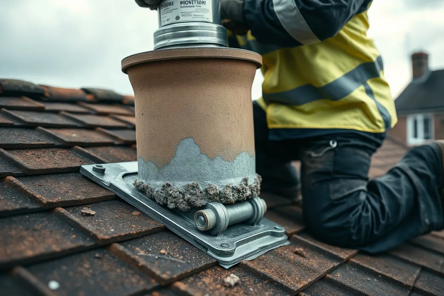 A roofer in full workwear kneeling beside a chimney stack on a pitched residential roof and using a metal roofing trowel to remove old crumbling flaunching from around the base of a pot and prepare the surface for fresh mortar on a dull overcast afternoon.
