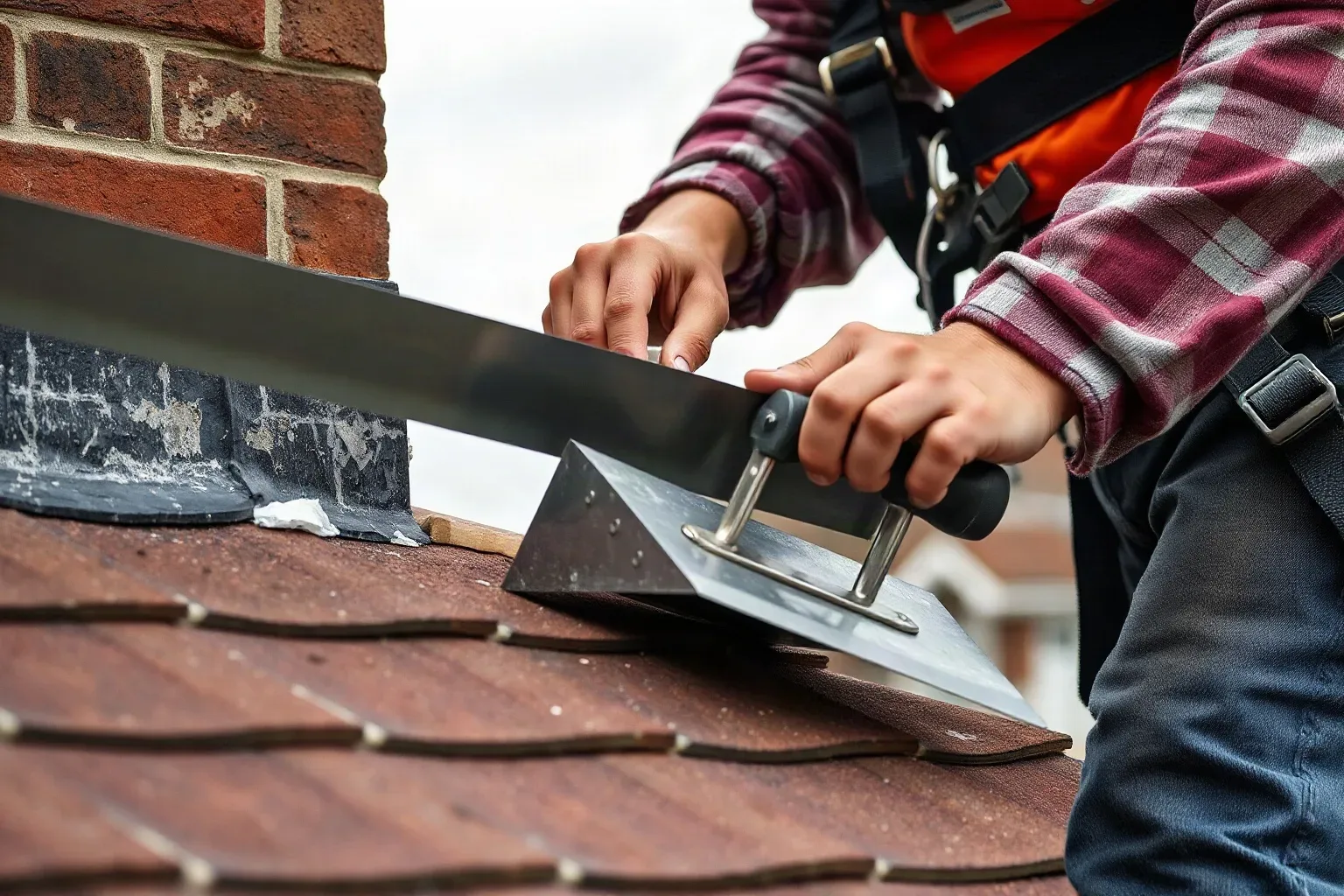 A roofer in a safety harness pressing a strip of lead flashing firmly into a freshly cut chase in the chimney stack face on a pitched residential roof while working the lead flat against the masonry with a metal roofing trowel on a grey day.