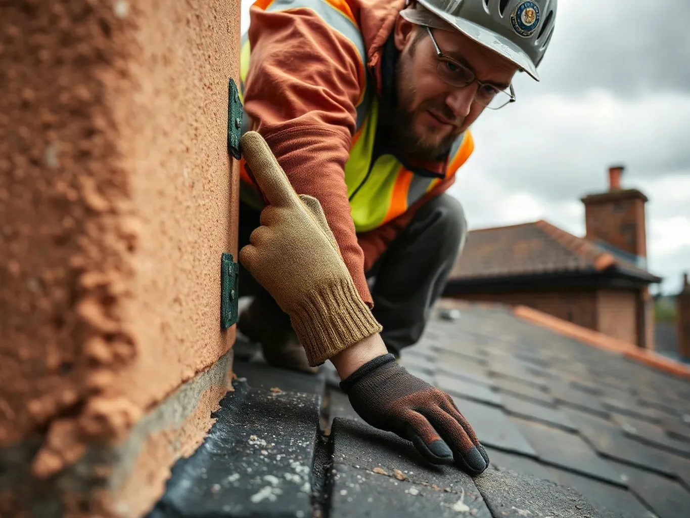 A roofer in full workwear crouching at the base of a chimney stack on a pitched residential roof and pressing a gloved finger along a mortar joint to test its hardness and depth before specifying the correct lime repointing mix on a cloudy overcast afternoon.