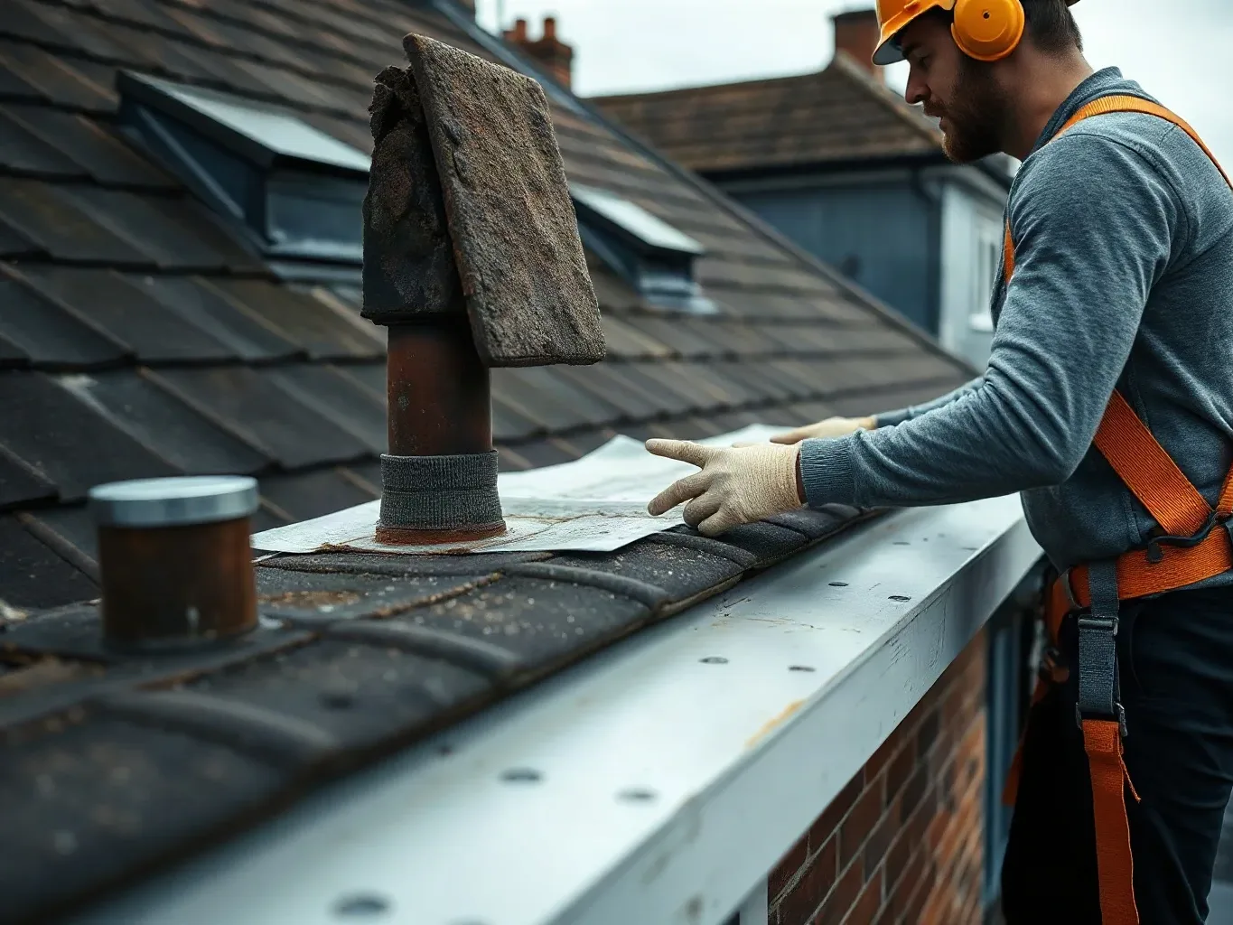 A roofer in a safety harness standing beside a chimney stack on a pitched residential roof and pointing toward an area where lead flashing has pulled free from its mortar joint at the base of the stack on a grey overcast day.