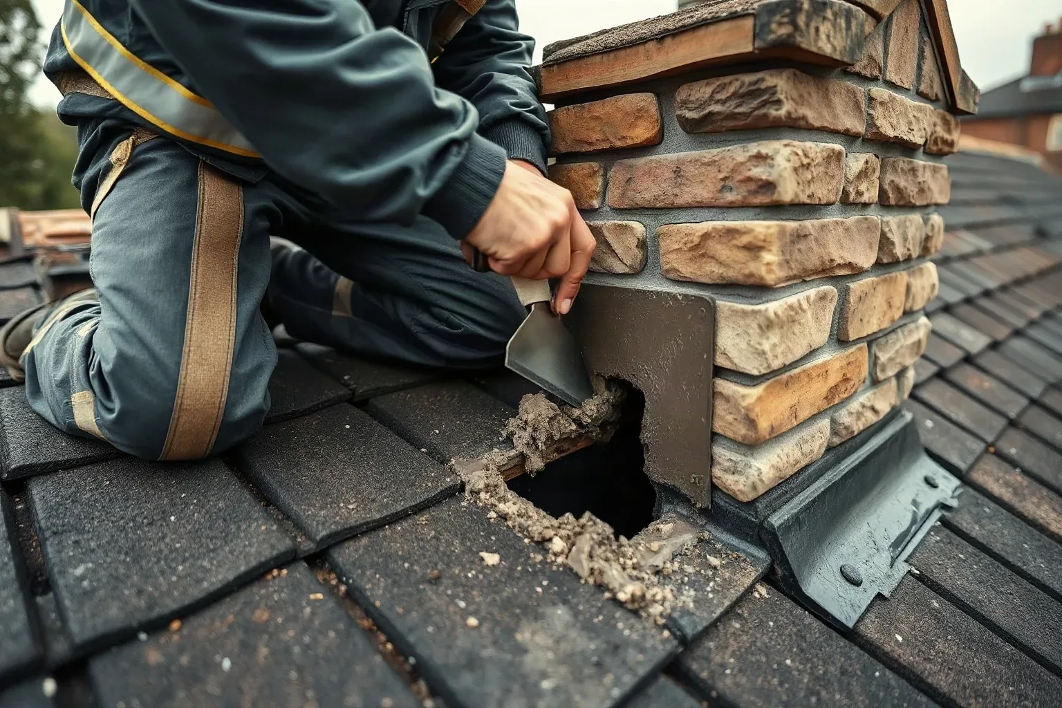 A roofer in full workwear kneeling on a pitched residential roof beside a chimney stack and using a metal roofing trowel to press fresh mortar into a deep open joint in the stonework during a repair estimate visit on a damp overcast afternoon.