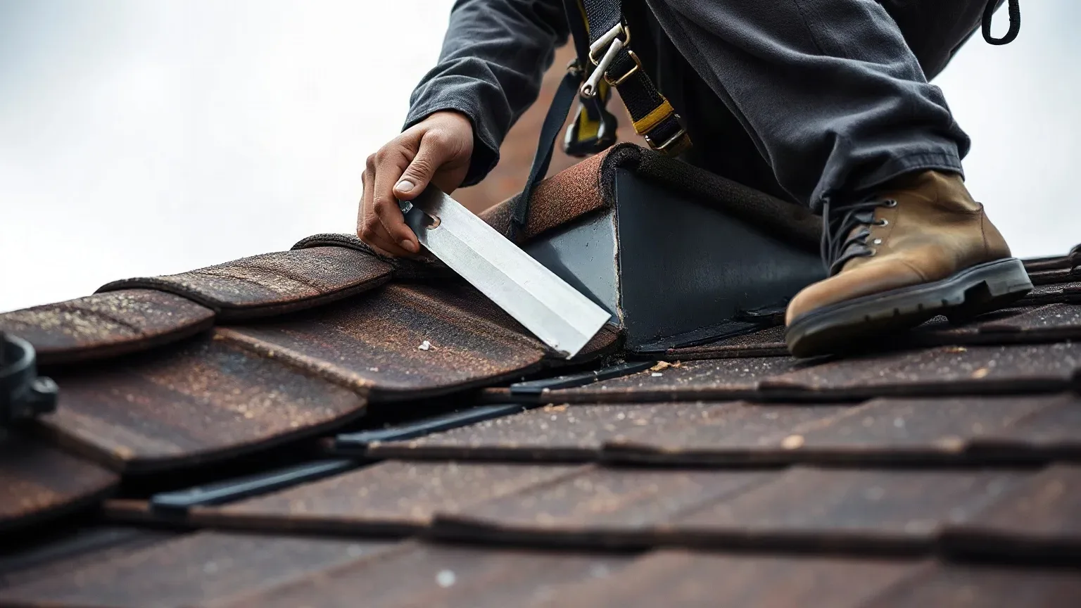 A roofer in a safety harness inspecting the lead flashing at the base of a chimney stack on a pitched residential roof by sliding a metal roofing trowel blade into the gap where the lead has separated from the mortar fillet on a grey cloudy day.