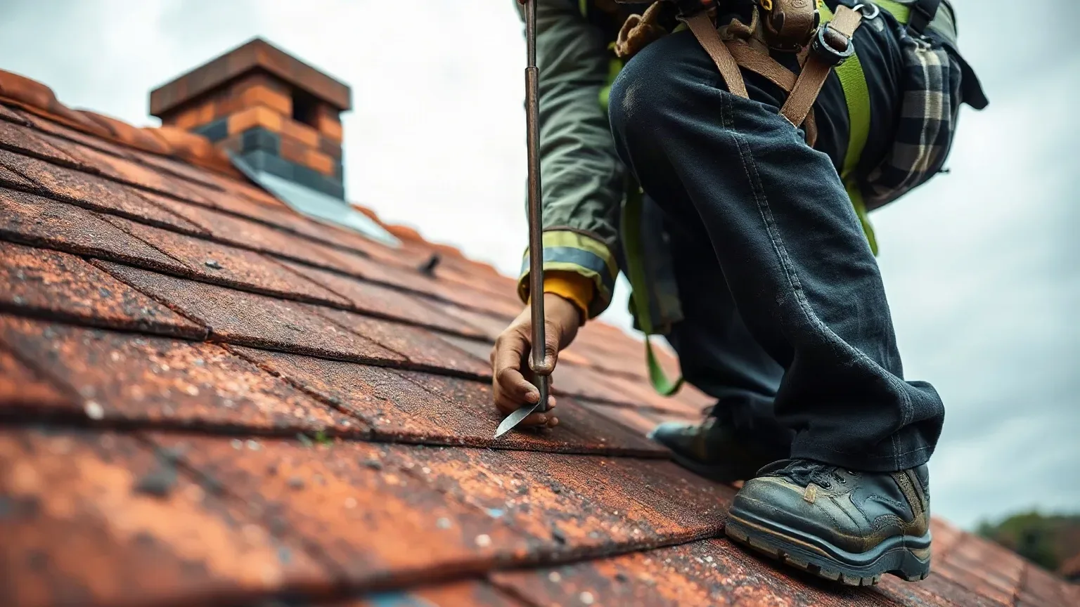 A roofer in a safety harness crouching at the base of a chimney stack on a pitched residential roof and using the tip of a metal roofing trowel to probe a crumbling mortar joint and gauge how far back the decay has penetrated on a damp overcast afternoon.