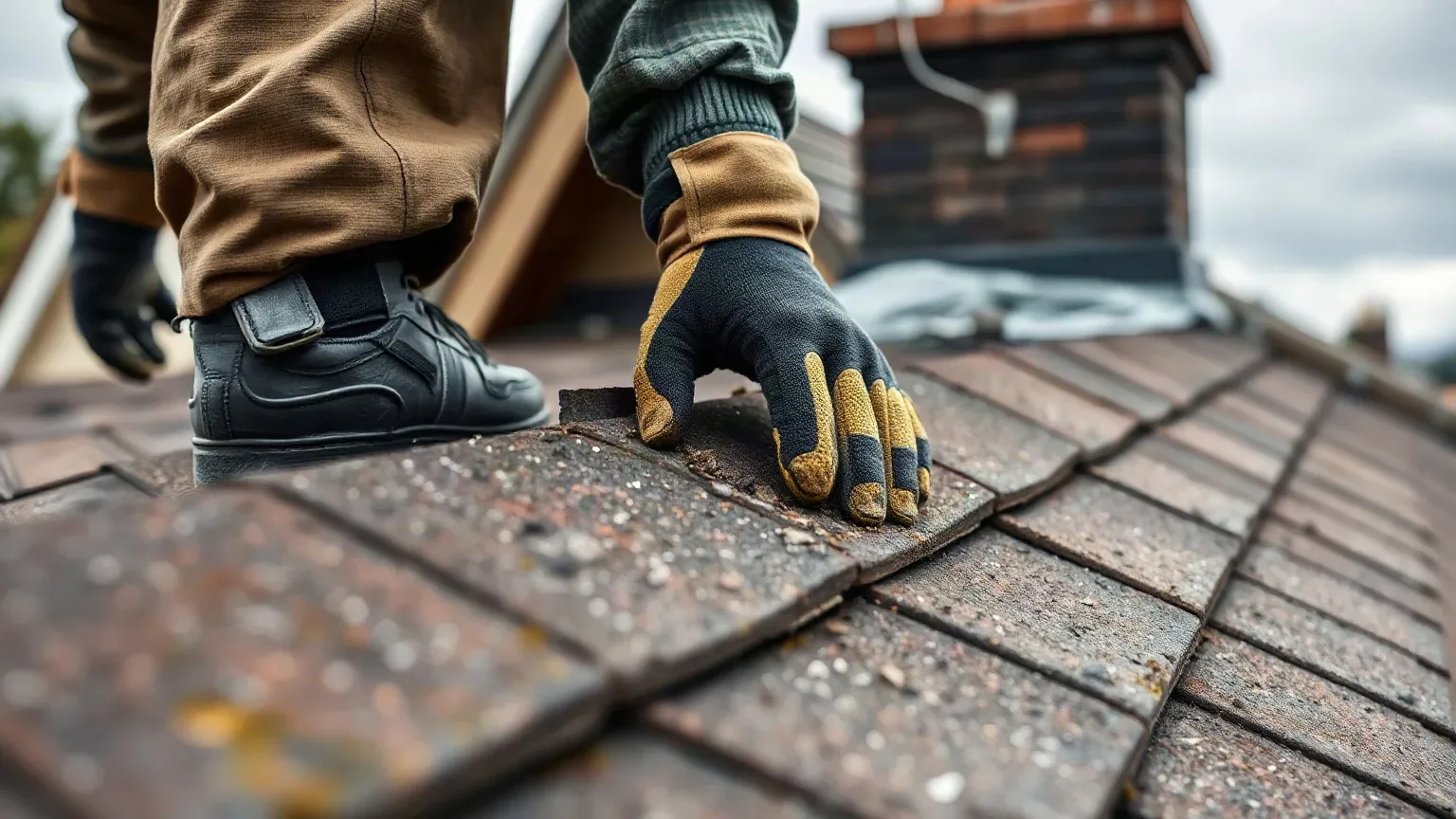 A roofer in full workwear standing on a pitched residential roof beside a chimney stack and pressing a gloved finger against a hollow mortar joint to confirm the degree of decay before beginning repointing work on a grey overcast day.