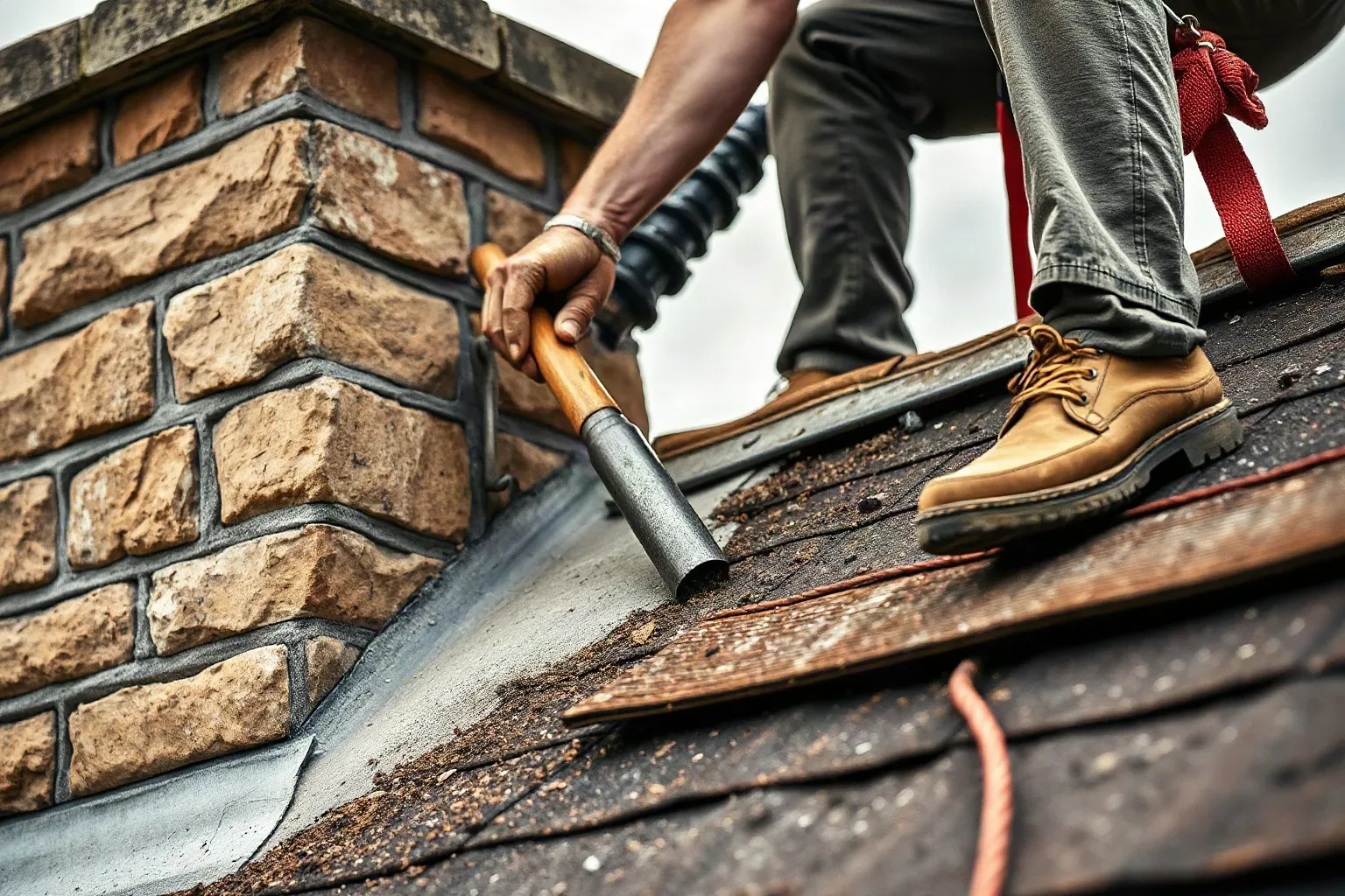 A roofer in a safety harness using a plugging chisel to rake out deteriorated mortar from between the stone courses of a chimney stack on a pitched residential roof to the correct depth before applying a fresh lime mortar mix on a cloudy afternoon.