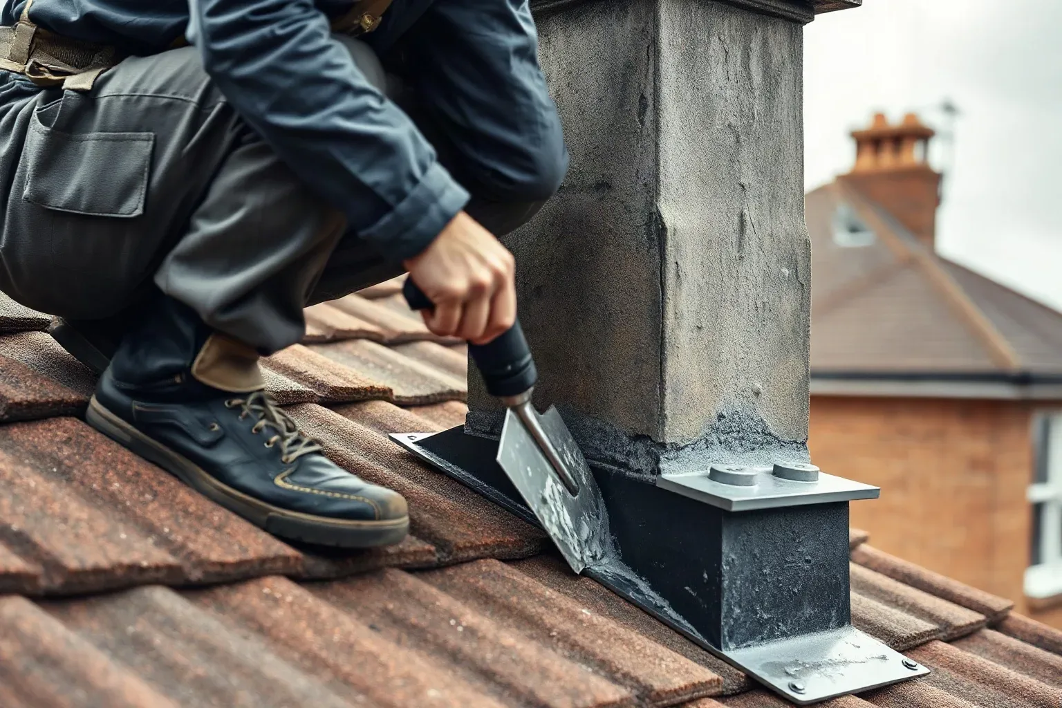 A roofer in full workwear crouching beside a chimney stack on a pitched residential roof and carefully working fresh mortar into a joint with a metal roofing trowel while the surrounding lead flashing is visible at the stack base on a grey overcast day.
