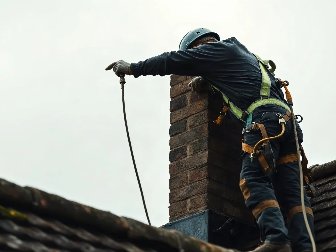A roofer in a safety harness reaching across the face of a chimney stack on a pitched residential roof and pressing a struck mortar joint smooth with a metal roofing trowel while secured by a harness line to an anchor point on the roof deck on a grey day.