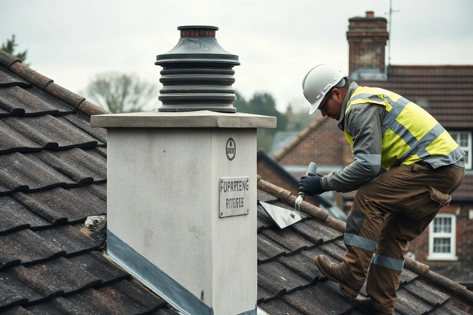 A roofer in full workwear crouching at the apex of a chimney stack on a pitched residential roof and applying fresh lime mortar around the base of a pot with a metal roofing trowel to complete the flaunching repair on a damp overcast afternoon.