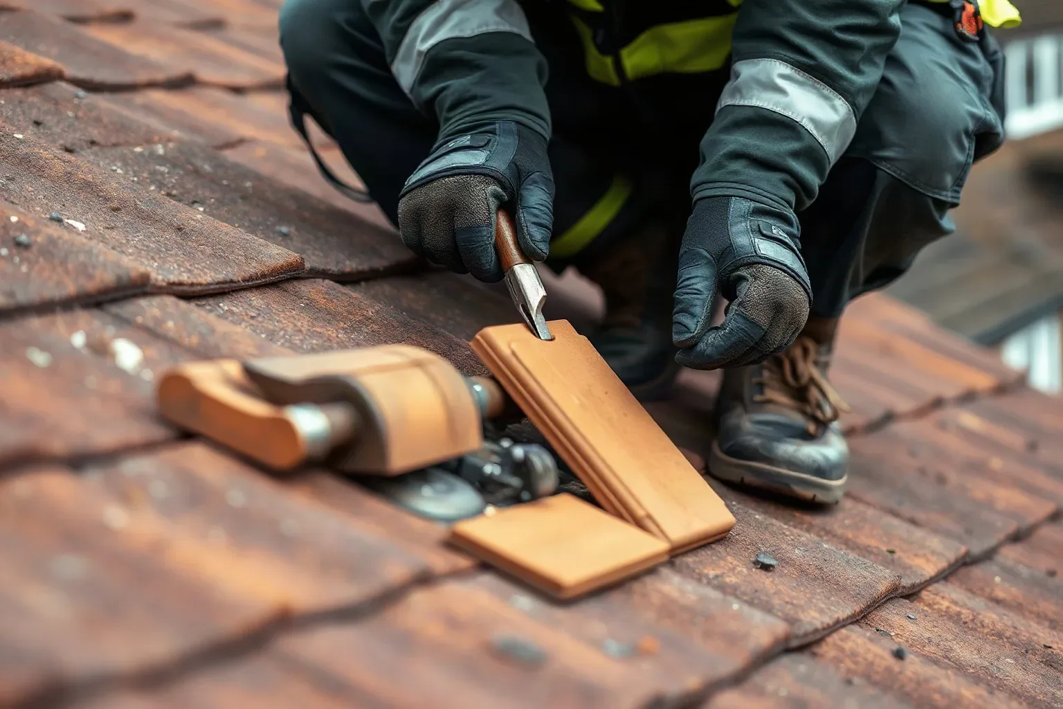 A roofer in full workwear crouching on a pitched residential roof and cutting a fresh clay tile to size with a tool before setting it into a gap where a chimney stack has been removed and the surrounding course made good.