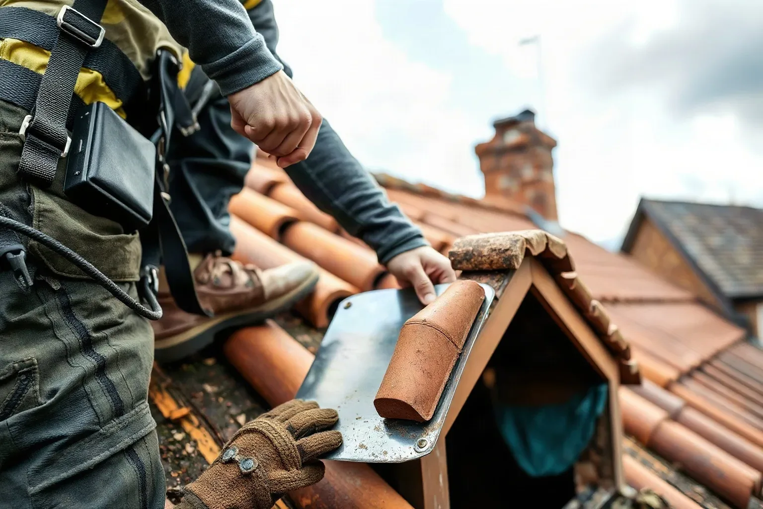 A roofer in a safety harness using a metal roofing trowel to bed new clay tiles into a repaired section of pitched residential roof where a chimney stack formerly stood, roofing felt underlayment visible in the open channel beside the work.