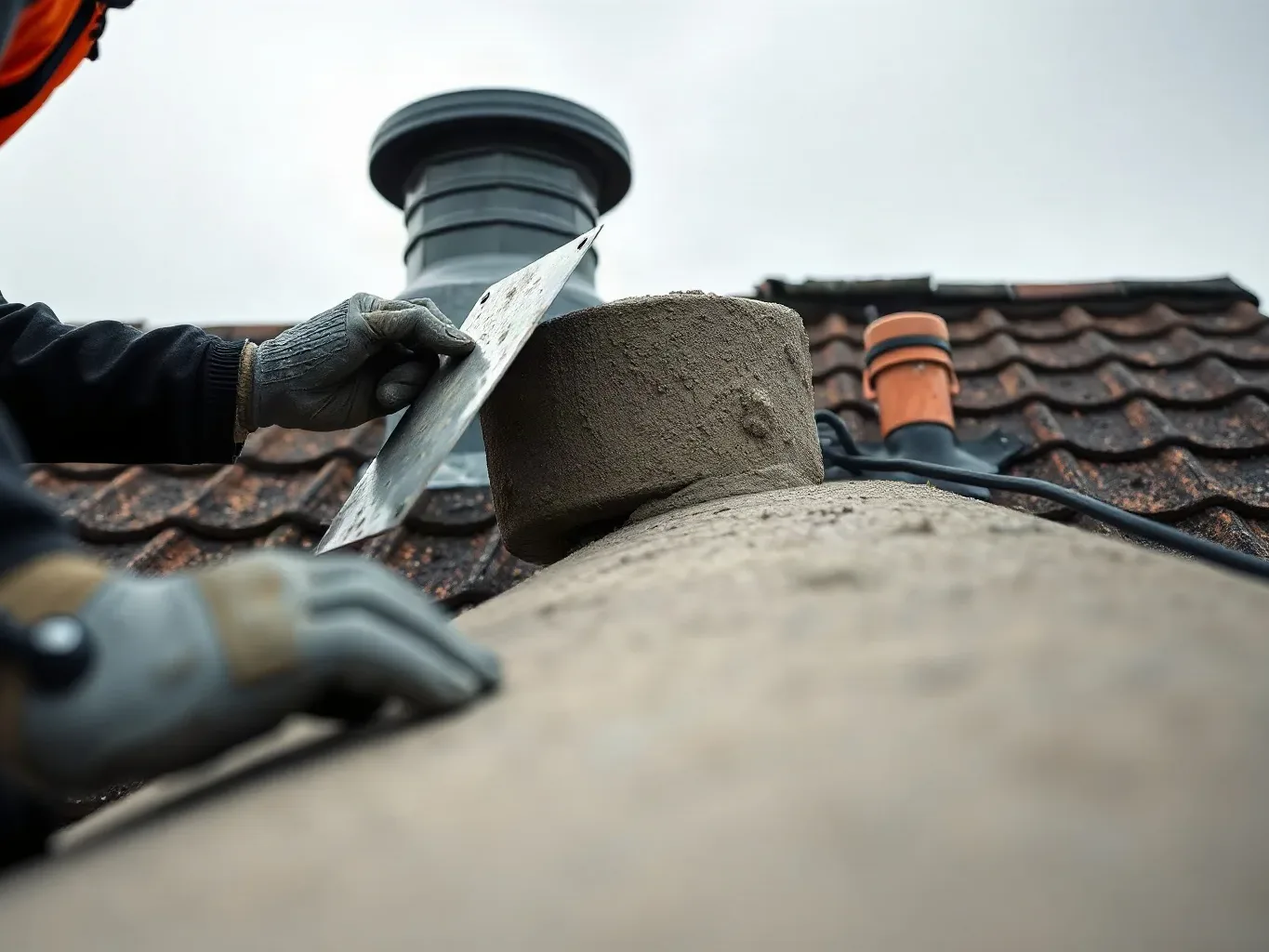 A roofer in full workwear applying a coat of render to the face of a chimney stack on a pitched residential roof using a metal roofing trowel, smoothing the surface evenly from the roofline upward on a grey overcast day.