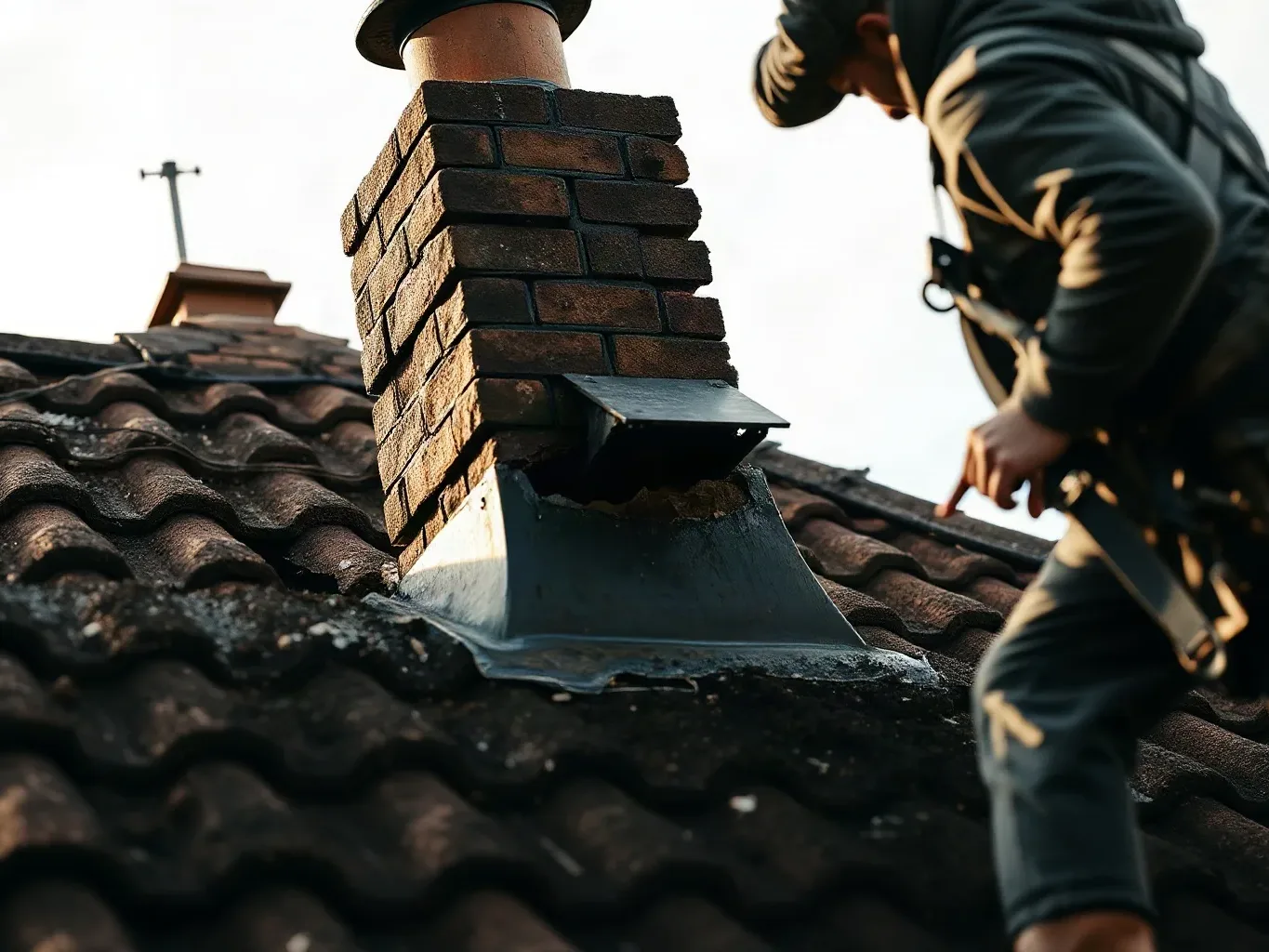 A roofer in a safety harness standing beside a partially dismantled chimney stack on a pitched residential roof and examining the lead flashing remnants at its base before beginning to make good the surrounding clay tile course.