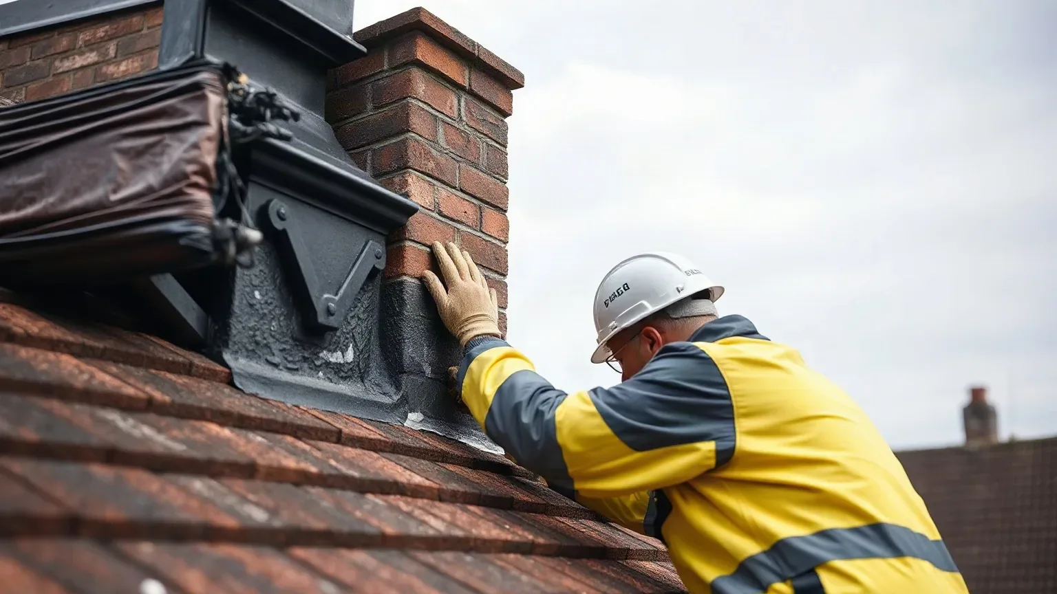 A roofer in full workwear crouching on a pitched residential roof beside a chimney stack and pressing a gloved hand firmly against the upper brickwork to assess structural movement before writing a removal assessment.