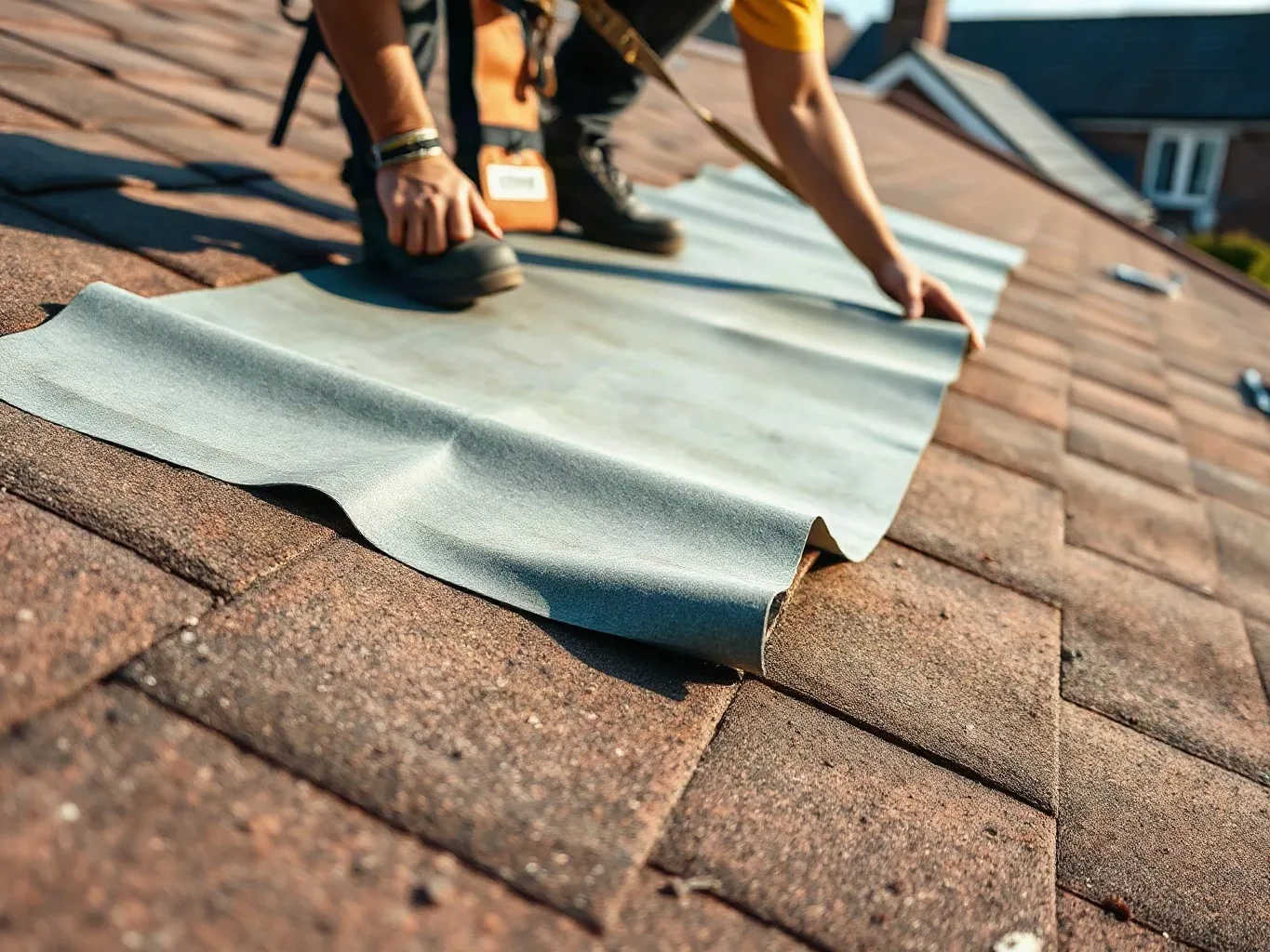A roofer in a safety harness laying fresh roofing felt underlayment across a section of pitched residential roof where a chimney stack has been removed flush with the roof surface, smoothing the felt flat before tiling over it.