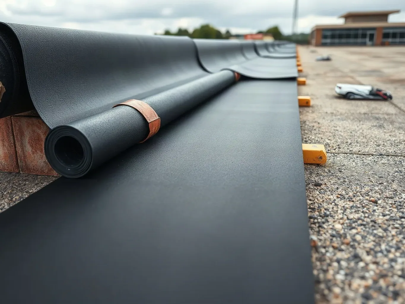 A roofer in full workwear unrolling a wide EPDM rubber membrane sheet across a large commercial flat roof deck and pressing its surface flat with both hands from the centre toward the far parapet edge on a cloudy overcast afternoon.