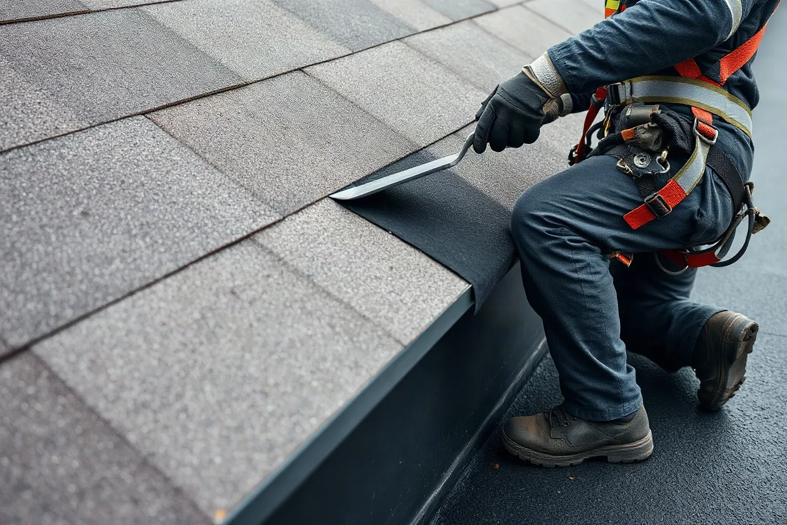 A roofer in a safety harness crouching at the parapet of a commercial flat roof and using a metal roofing trowel to press a new felt membrane strip firmly against the upstand face before trimming the excess at the coping on a grey day.