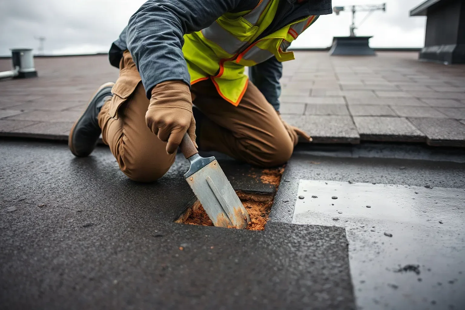 A roofer in full workwear kneeling on a large commercial flat roof and using a slate ripper tool to cut away a deteriorated section of the existing membrane layer to expose the deck beneath for a formal condition assessment on a damp overcast afternoon.
