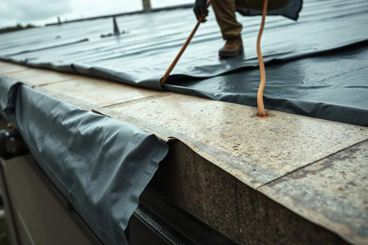 A roofer in a safety harness pulling a heavy-duty reinforced tarpaulin across a section of a commercial flat roof and pressing its edge beneath a parapet coping stone to create a temporary weather seal on a wet overcast day.