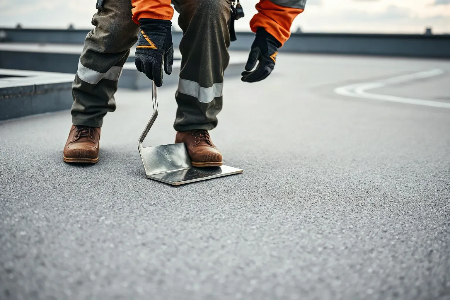 A roofer in full workwear standing on a commercial flat roof and pressing a metal roofing trowel blade flat against the membrane surface to check for delamination blisters during a systematic pre-quote walkover on a grey overcast afternoon.