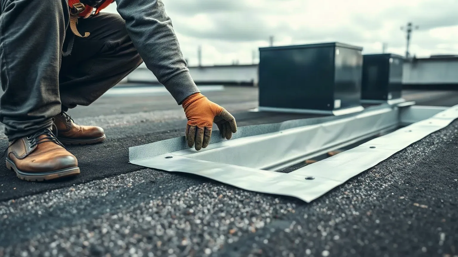 A roofer in a safety harness crouching beside a rooftop plant unit on a commercial flat roof and sealing the membrane upstand around the base penetration with self-adhesive flashing tape pressed flat with gloved hands on a cloudy grey day.