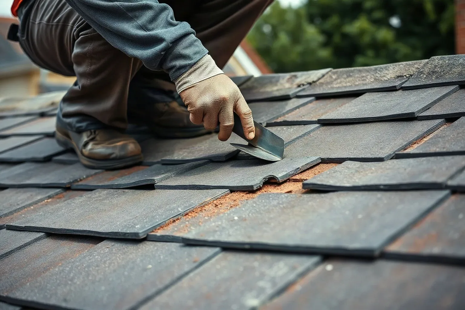 A roofer in full workwear crouching on a pitched residential roof and using a metal roofing trowel to lift a single broken slate tile from a course, carefully checking that the surrounding undisturbed tiles of matching natural slate remain intact during a routine permitted maintenance repair.