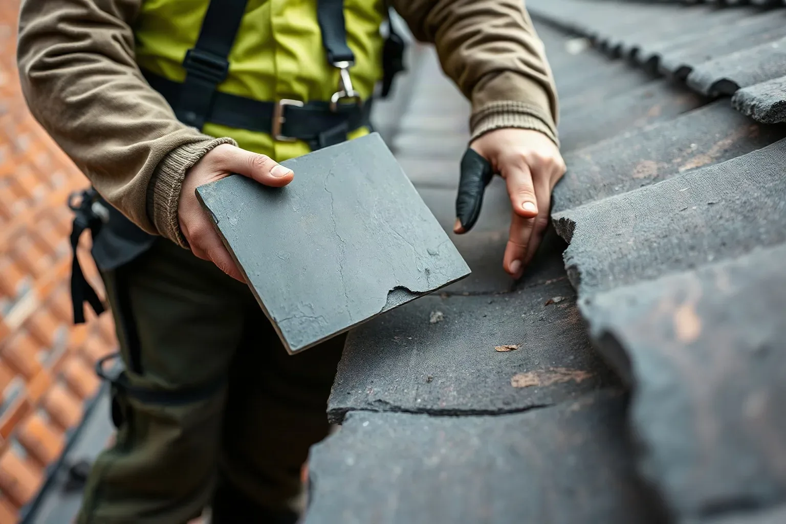 A roofer in a safety harness standing on a pitched residential roof and pressing two natural slate tiles together side by side to compare their thickness and surface character before confirming they are a close enough match for a conservation area replacement.