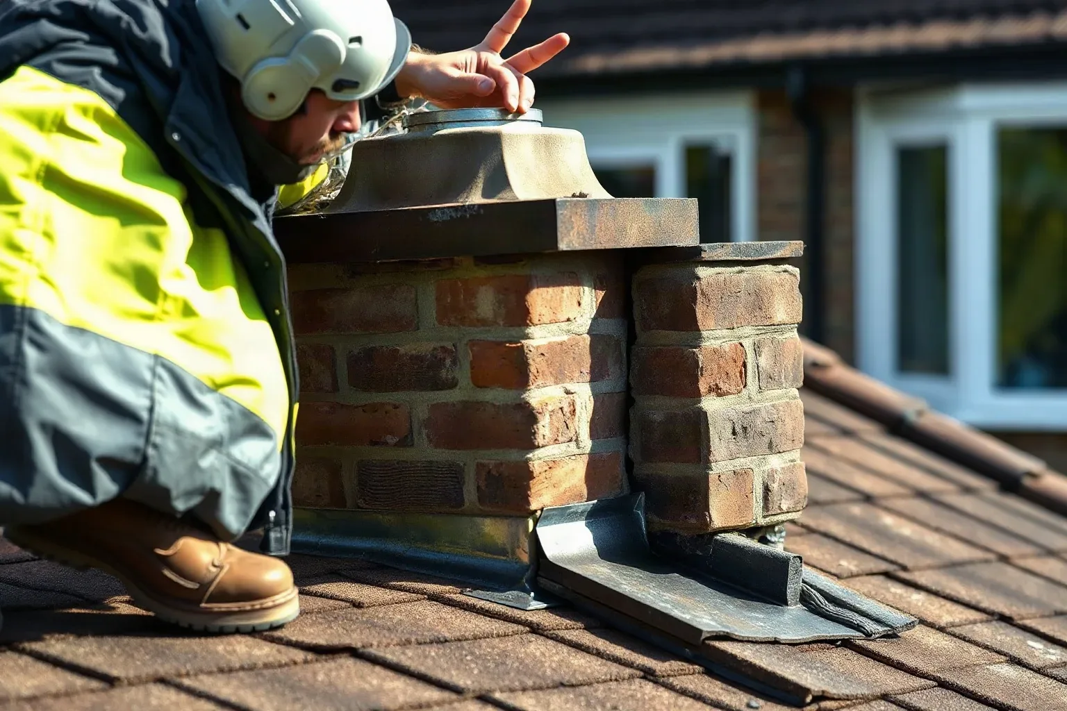 A roofer in full workwear crouching beside a chimney stack on a pitched residential roof and photographing the existing lead flashing detail at the base of the masonry before beginning work, documenting the original condition for a planning consent application.