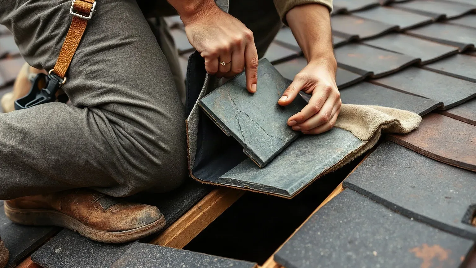 A roofer in a safety harness kneeling on a pitched residential roof and feeding a reclaimed slate tile carefully beneath the overlapping course above the gap while the roofing felt underlayment is exposed in the open channel, working to conservation area fixing standards.