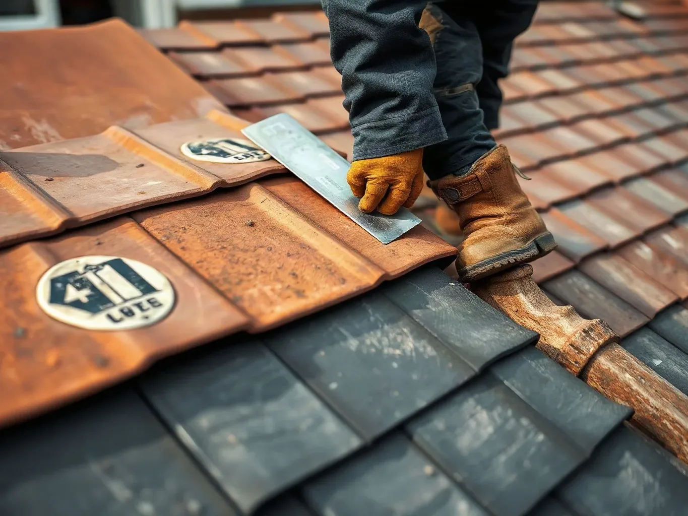 A roofer in full workwear standing at the ridge of a pitched residential roof and using a metal roofing trowel to inspect the mortar bedding beneath a clay ridge tile while the natural slate courses extend down the full length of the slope below.