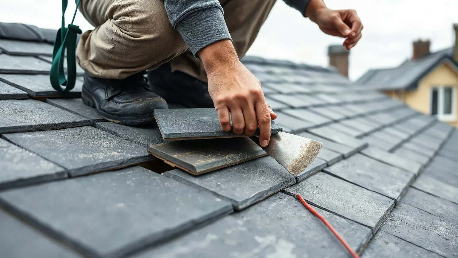 A roofer in a safety harness crouching on a pitched residential roof and pressing a freshly laid natural slate tile firmly into the batten channel with both hands while a metal roofing trowel rests on the slope beside them on a grey overcast day.