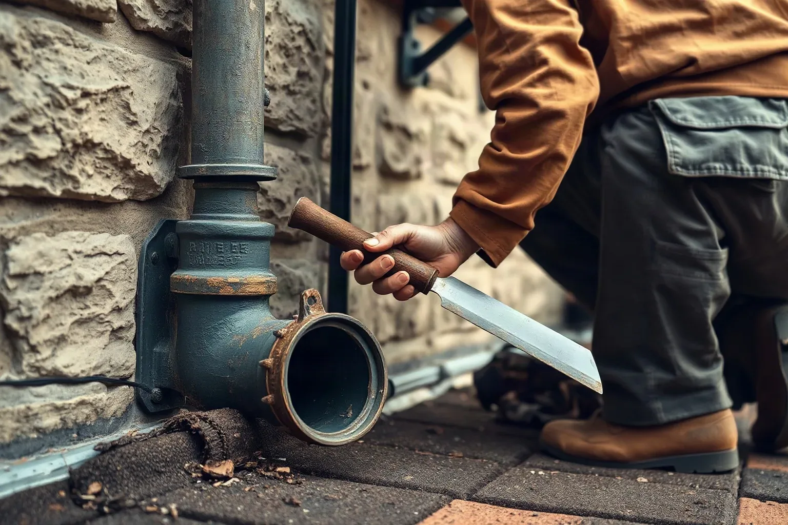 A roofer in workwear crouching at the base of a cast iron downpipe against a sandstone wall and examining a rusted joint with a metal roofing trowel held close to the corroded section, the pitched clay tile roof visible overhead.