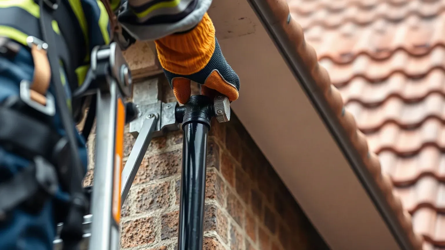 A roofer in a safety harness on a ladder at first-floor height pressing a gloved hand against a downpipe bracket that has pulled away from the wall, the pitched residential roof and clay tile course visible in the background above.