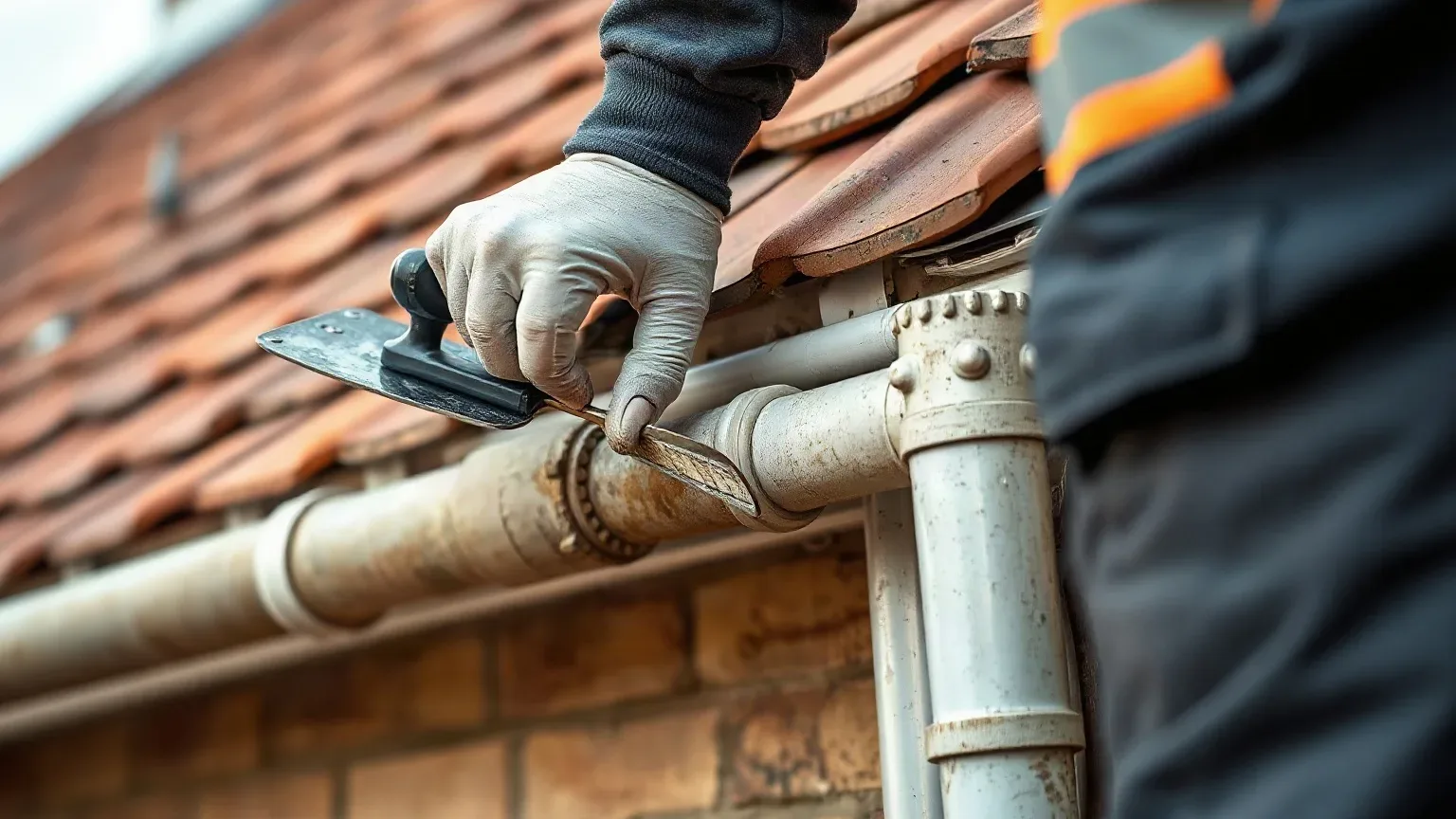 A roofer in full workwear applying specialist sealant compound around a cast iron downpipe joint on the exterior wall of a detached suburban house, a metal roofing trowel in one hand and the pitched clay tile roof above.