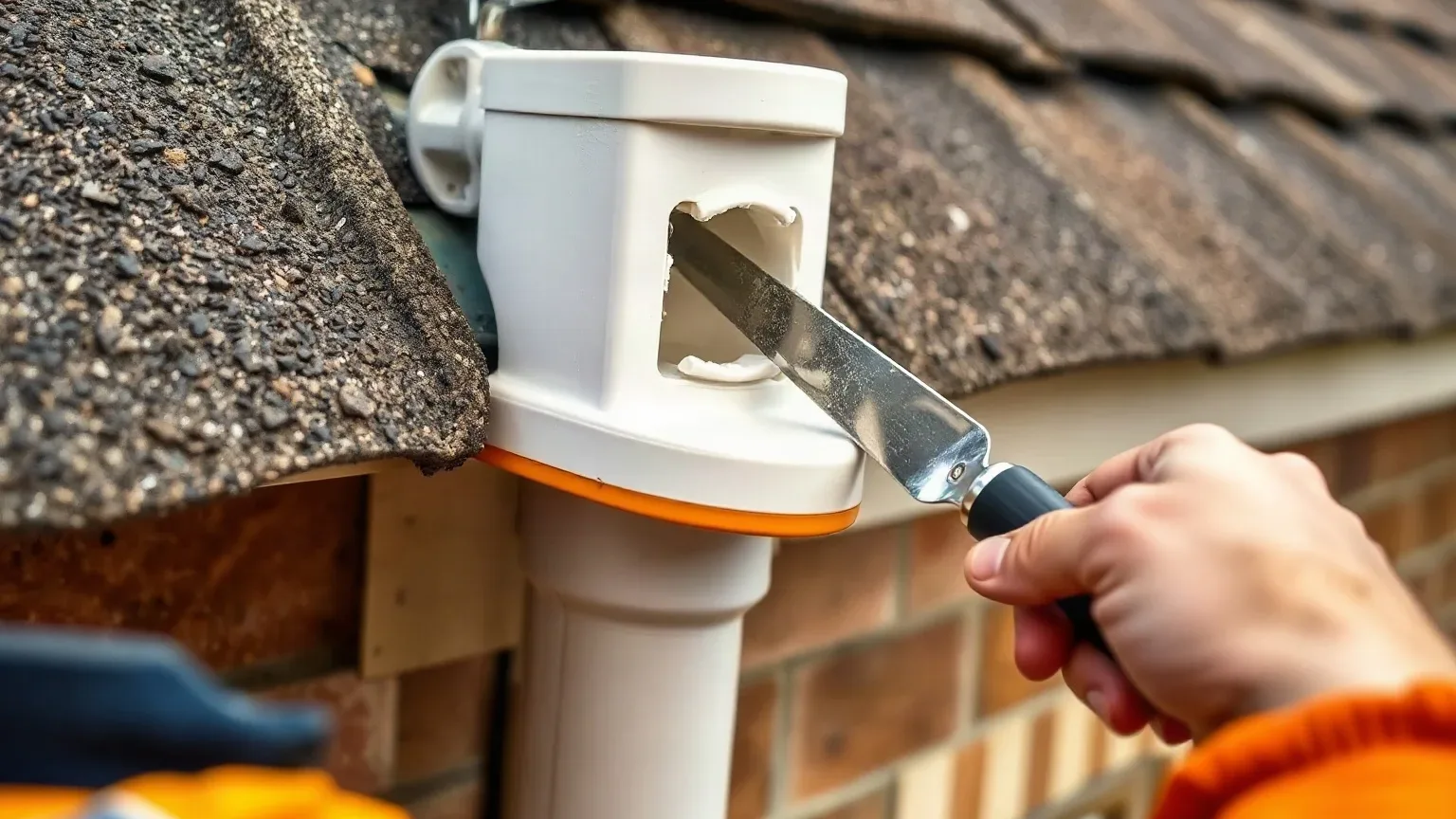 A roofer in workwear removing a damaged uPVC downpipe section from its wall brackets using a metal roofing trowel as a lever, the outlet from the pitched residential roof eaves visible directly above the open pipe run.